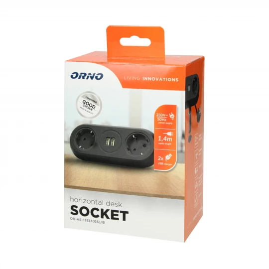 Gniazdo meblowe z uchwytem montażowym, ładowarką USB, 2 gniazda 2P+Z (schuko), 2xUSB, OR-AE-13133(GS)/B