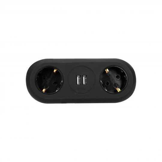 Gniazdo meblowe z uchwytem montażowym, ładowarką USB, 2 gniazda 2P+Z (schuko), 2xUSB, OR-AE-13133(GS)/B