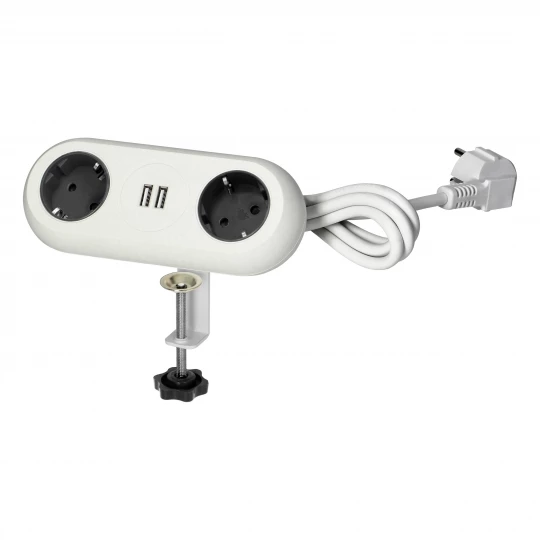 Gniazdo meblowe z uchwytem montażowym,  ładowarką USB, 2 gniazda 2P+Z (Schuko), 2xUSB, przewód 3x1,5mm² - 1,4m, białe