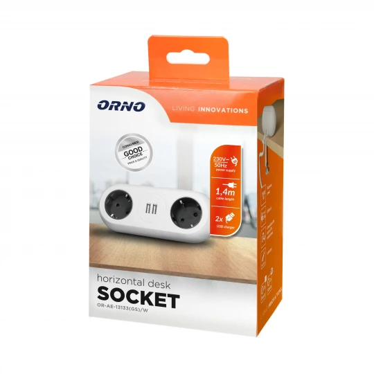 Gniazdo meblowe z uchwytem montażowym,  ładowarką USB, 2 gniazda 2P+Z (Schuko), 2xUSB, przewód 3x1,5mm² - 1,4m, białe