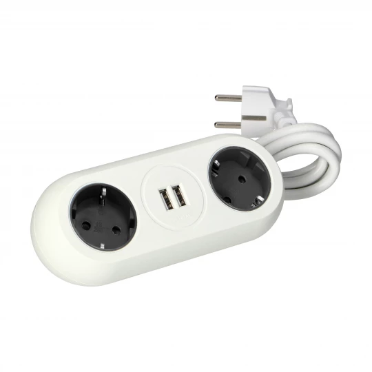 Gniazdo meblowe z uchwytem montażowym,  ładowarką USB, 2 gniazda 2P+Z (Schuko), 2xUSB, przewód 3x1,5mm² - 1,4m, białe