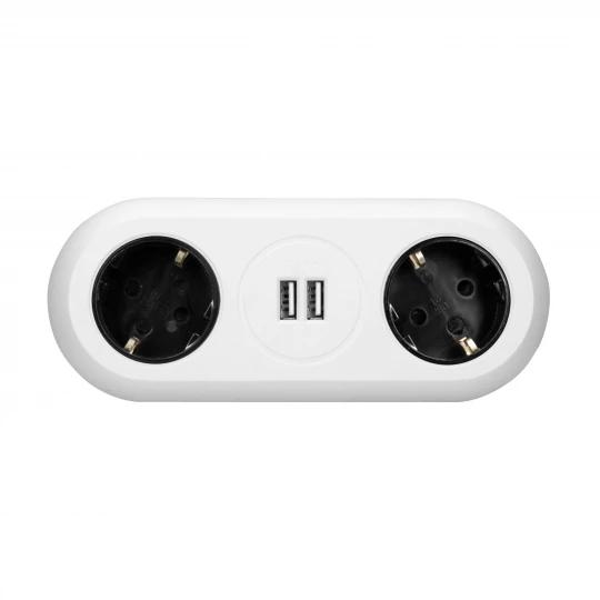 Gniazdo meblowe z uchwytem montażowym,  ładowarką USB, 2 gniazda 2P+Z (Schuko), 2xUSB, przewód 3x1,5mm² - 1,4m, białe