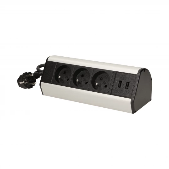 Gniazdo meblowe z zaciskami śrubowymi, ładowarką USB i przewodem 1,8m, 3x2P+Z, 2xUSB