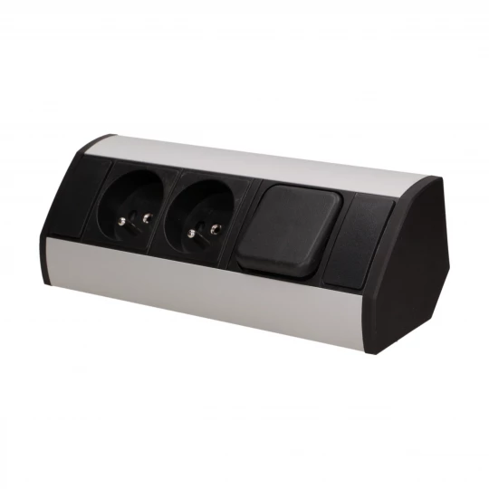 Gniazdo meblowe 2x2P+Z z wyłącznikiem, czarno-srebrne,OR-GM-9002/B-G