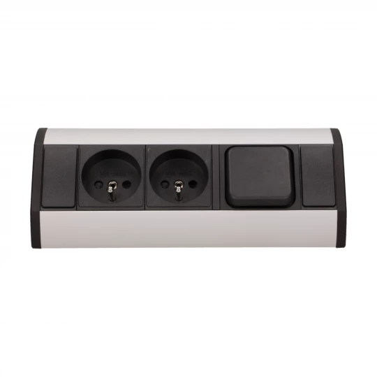 Gniazdo meblowe 2x2P+Z z wyłącznikiem, czarno-srebrne,OR-GM-9002/B-G