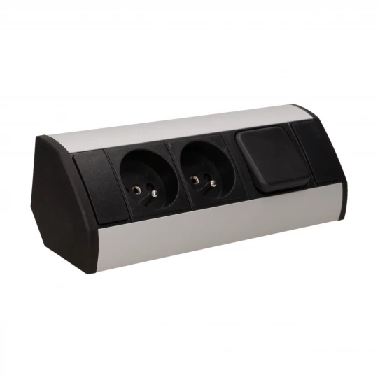 Gniazdo meblowe 2x2P+Z z wyłącznikiem, czarno-srebrne,OR-GM-9002/B-G