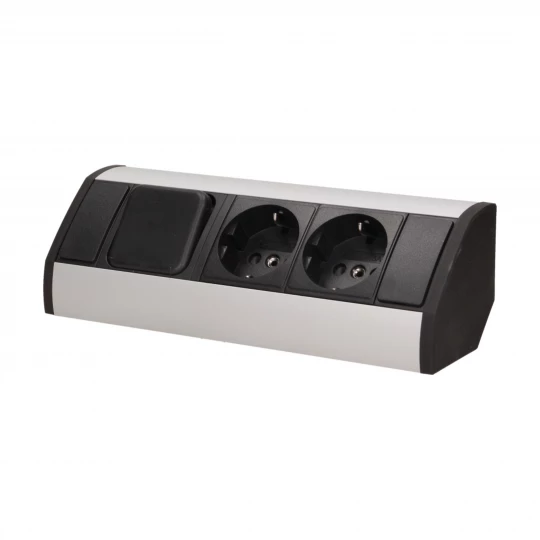 Gniazdo meblowe 2x2P+Z (Schuko) z wyłącznikiem, czarno-srebrne,OR-GM-9002/B-G(GS)