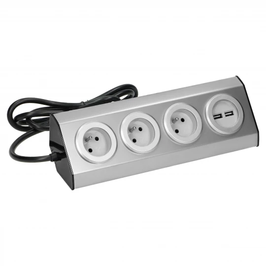 Gniazdo meblowe, kuchenne z ładowarką USB, montowane na rzepy z przewodem 1,5m - 3x2P+Z, 2xUSB, INOX z przewodem 1,5m.,FS-4