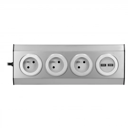 Gniazdo meblowe, kuchenne z ładowarką USB, montowane na rzepy z przewodem 1,5m - 3x2P+Z, 2xUSB, INOX z przewodem 1,5m.,FS-4