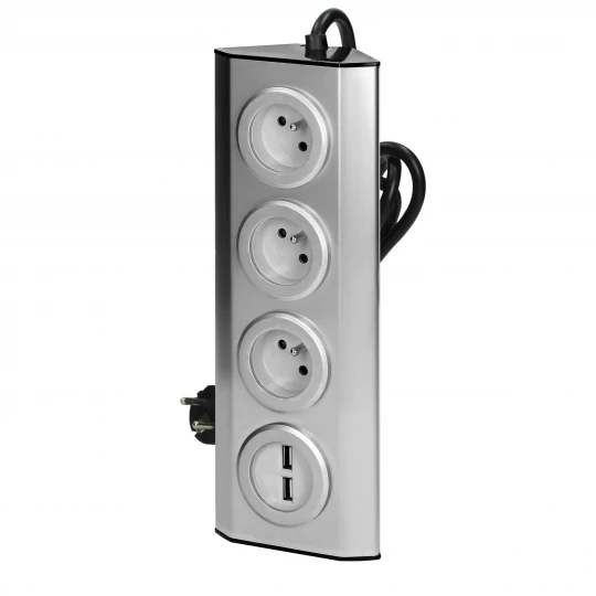 Gniazdo meblowe, kuchenne z ładowarką USB, montowane na rzepy z przewodem 1,5m - 3x2P+Z, 2xUSB, INOX z przewodem 1,5m.,FS-4