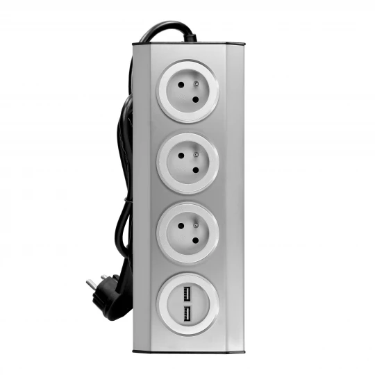 Gniazdo meblowe, kuchenne z ładowarką USB, montowane na rzepy z przewodem 1,5m - 3x2P+Z, 2xUSB, INOX z przewodem 1,5m.,FS-4