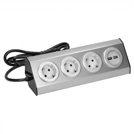 Gniazdo meblowe, kuchenne z ładowarką USB, montowane na rzepy z przewodem 1,5m - 3x2P+Z schuko, 2xUSB, INOX z przewodem,FS-4(GS)