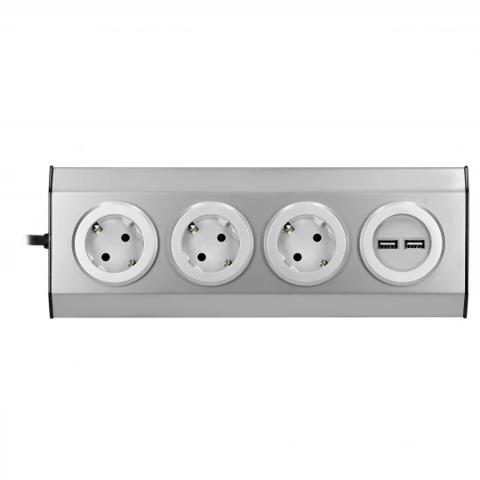 Gniazdo meblowe, kuchenne z ładowarką USB, montowane na rzepy z przewodem 1,5m - 3x2P+Z schuko, 2xUSB, INOX z przewodem,FS-4(GS)