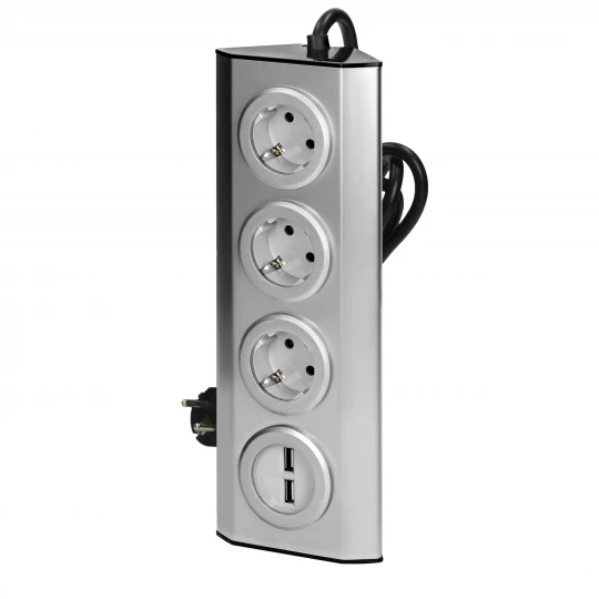 Gniazdo meblowe, kuchenne z ładowarką USB, montowane na rzepy z przewodem 1,5m - 3x2P+Z schuko, 2xUSB, INOX z przewodem,FS-4(GS)