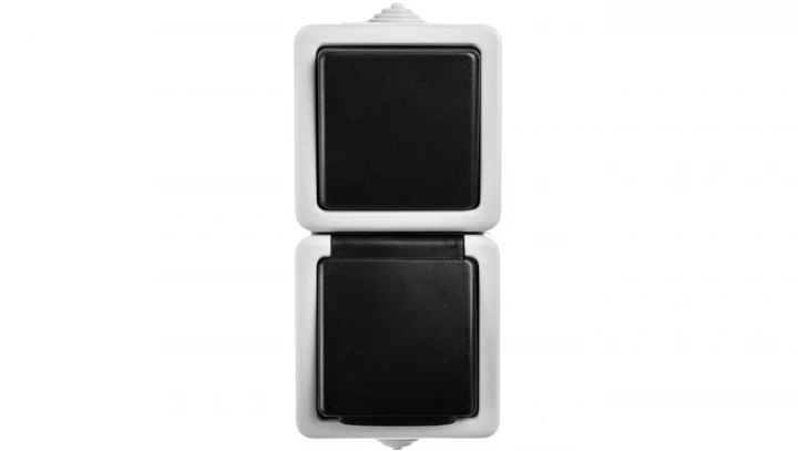 TEKNO Łącznik jednobiegunowy + gniazdo z ochroną styków pionowy śrubowy 10AX/16A 250V czarne IP54 25361
