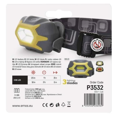 Latarka czołowa LED COB 3W 125lm 20m 3xAAA P3532