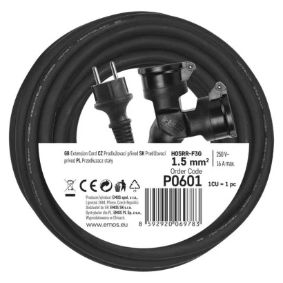 Przedłużacz ogrodowy 10m 2-gniazda czarny guma IP44 3x1,5mm2 P0601