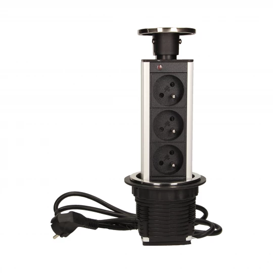 Gniazdo meblowe Ø8cm wysuwane z blatu, z maskownicą i przewodem 1,8m, 3x2P+Z, INOX