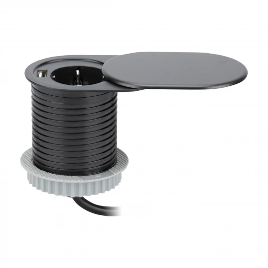 Gniazdo meblowe Ø6cm, czarne, wpuszczane w blat z przesuwną pokrywką, ładowarką USB i przewodem 1,9m, 1x2P+Z, 1xUSB (2,4A), 3x1mm²