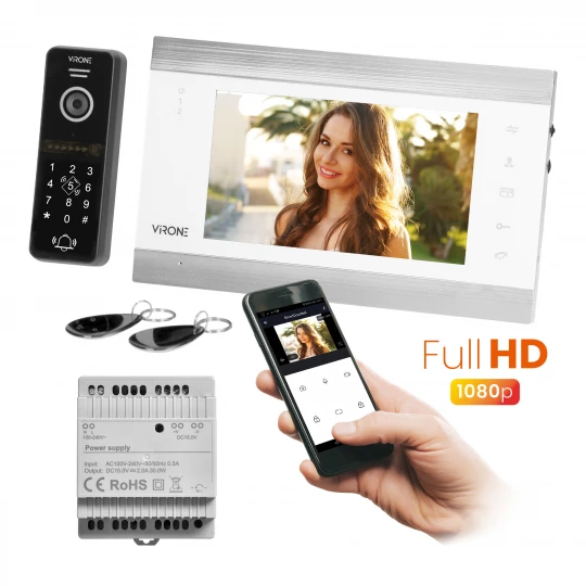 VIFIS Full HD zestaw wideodomofonowy (bezsłuchawkowy, szyfrator, czytnik zbliżeniowy, sterowanie z aplikacji, zasilacz na szynę DIN, biały)