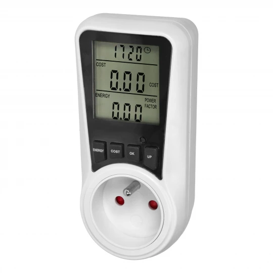 Dwutaryfowy watomierz, kalkulator energii z wyświetlaczem LCD, 2 oddzielne taryfy, wewnętrzny akumulator, 16A 230V EM-5