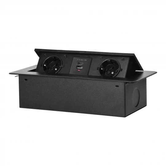 Gniazdo meblowe wpuszczane w blat z płaskim frezowanym rantem i ładowarką USB, 2x2P+Z (Schuko),2x USB (typ A+C; 3,6A), czarne