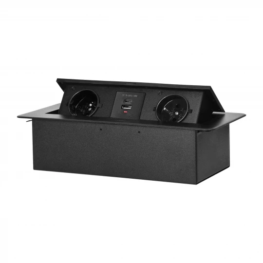 Gniazdo meblowe wpuszczane w blat z płaskim frezowanym rantem i ładowarką USB, 2x2P+Z, 2xUSB (typ A+C; 3,6A), czarne