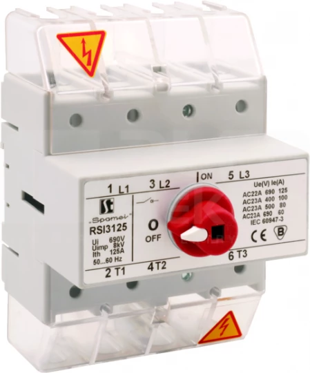 Rozłącznik izolacyjny 4P 125A z pokrętłem na rozłączniku czerwonym RSI-4125W03