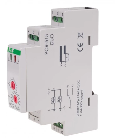 PCR-515 DUO Przekaźnik czasowy 1P 10A 0,1sek-576h 230V AC, 24V AC/DC opóźnione załączenie