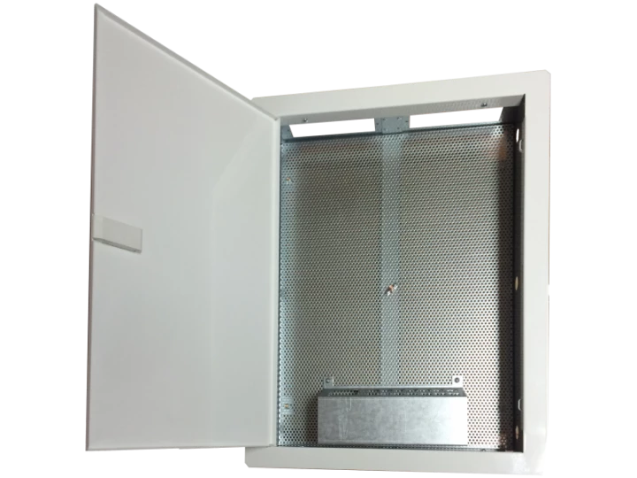 Obudowa / szafka lokalowa, multimedialna 500x350x90, podtynkowa, drzwi perforowane, 1 x gn. elektryczne, 14 x gn. Keystone ALANTEC - ALANTEC