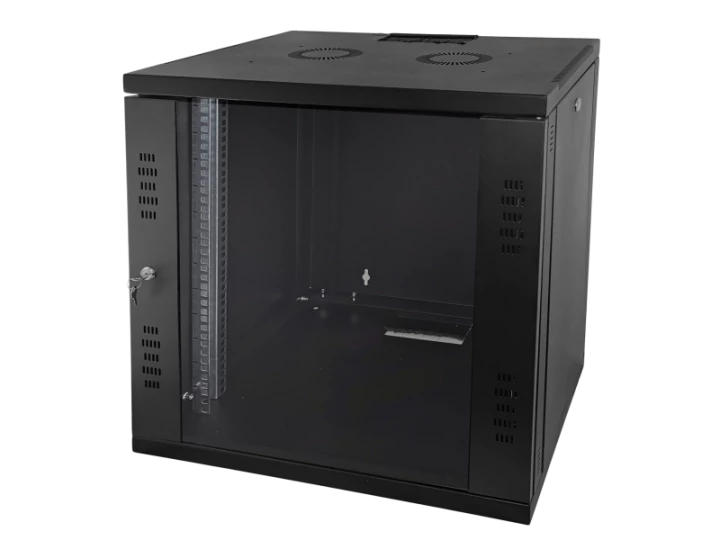 Szafa wisząca 15U, STRONG RACK, 600x450, czarna, drzwi szklane, jednoskrzydłowe, tył osłona pełna, osłony boczne zamykane na klucz, kolor czarny, FLAT