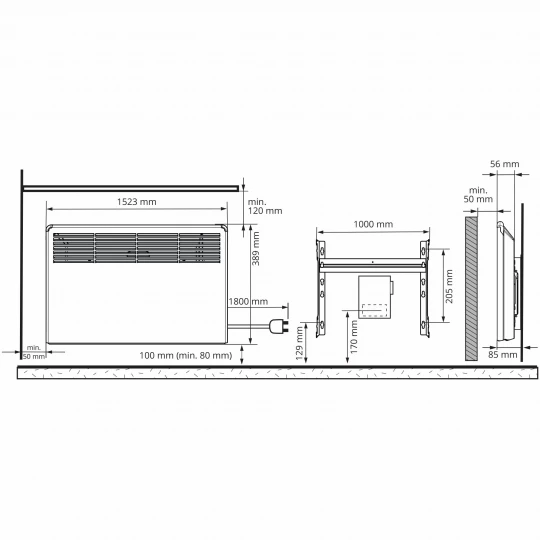 Grzejnik BETA 2000W 39x152 z programatorem Bluetooth wtyczką i wspor. montażowym BETA20-BT-EP