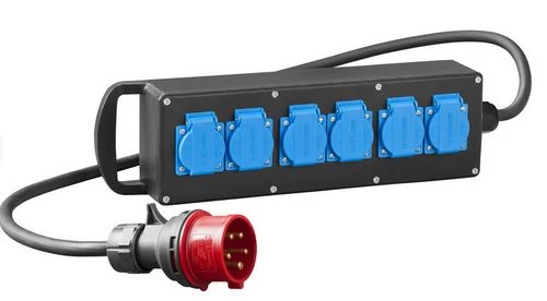 Rozgałęziacz przemysłowy RS-P gumowany 6x2P+Z z przewodem i wtyką 5P/16A czarny 7001-10