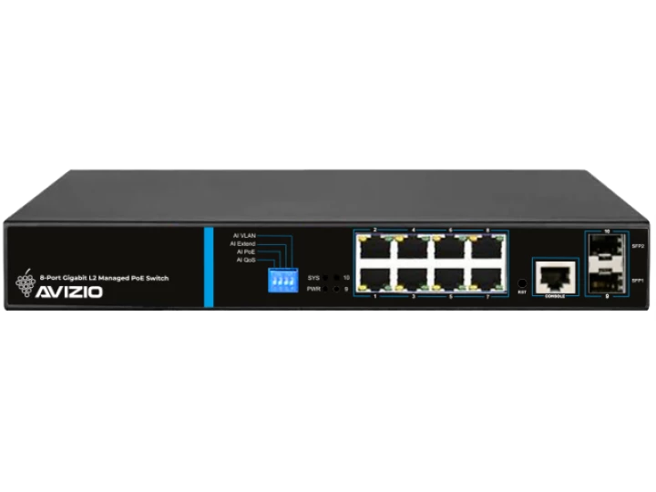 Zarządzalny przełącznik L2 (switch) 8 portów RJ45 PoE 1Gb/s + 2 porty SFP Uplink 1Gb/s (budżet mocy 150W) AVIZIO  - AVIZIO
