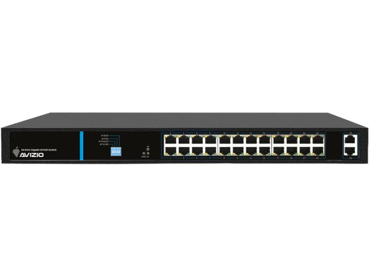 Niezarządzalny przełącznik (switch) 24 porty RJ45 PoE 1Gb/s + 2 porty SFP Uplink 1Gb/s (budżet mocy 250W) AVIZIO  - AVIZIO