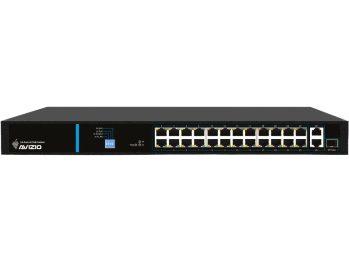 Niezarządzalny przełącznik (switch) 24 porty RJ45 PoE 100Mb/s + 2 porty RJ45 Uplink 1Gb/s (budżet mocy 250W) AVIZIO  - AVIZIO