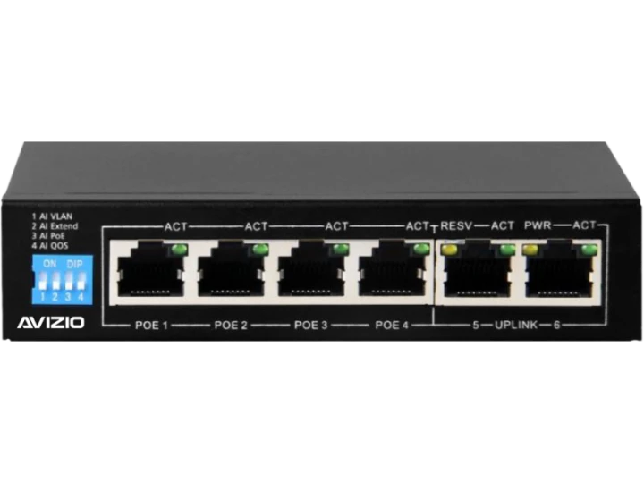 Niezarządzalny przełącznik (switch) 4 porty RJ45 PoE 1Gb/s + 2 porty RJ45 Uplink 1Gb/s (budżet mocy 60W) AVIZIO  - AVIZIO