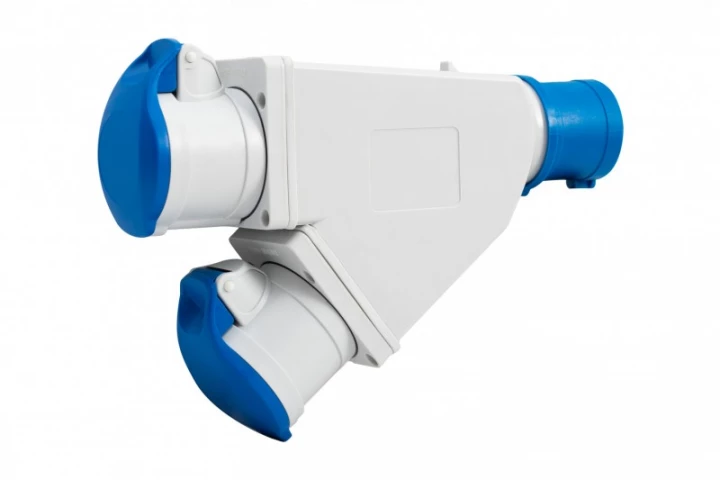 Adapter kempingowy wtyk 16A 3p przemysłowy, gniazdo 2x16A 3P przemysłowe - z uchwytem IP44