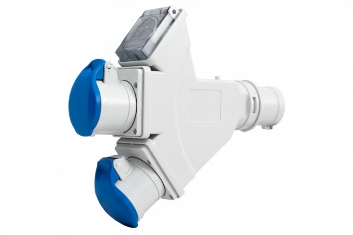 Adapter kempingowy wtyk 16A 3p przemysłowy, gniazdo 2x16A 3P przemysłowe, gniazdo tablicowe 230V IP44