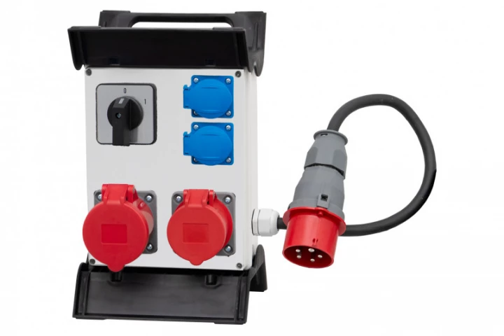 Rozdzielnica R-240 na stelażu plastikowym - gniazda 2x32A 5p, 2x230V, 0/1(32A), przewód OPD 5x4mm2-1,5m z wtyczką 32A 5p IP44