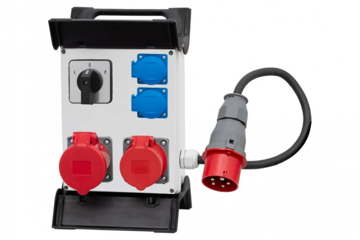 Rozdzielnica R-240 na stelażu plastikowym - gniazda 16A 5p, 32A 5p, 2x230V, L/P(32A), przewód OW 5x2,5mm2-1,5m z wtyczką 16A 5p IP44