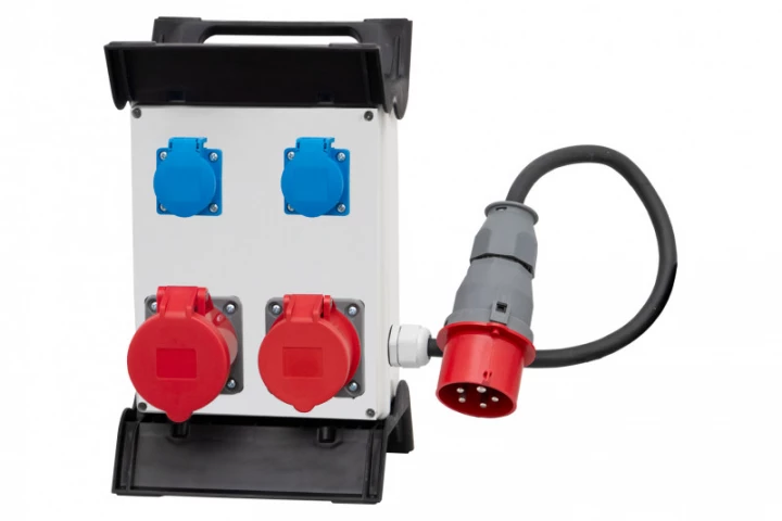 Rozdzielnica R-240 na stelażu plastikowym - gniazda 16A 5p, 32A 5p, 2x230V, przewód OW 5x2,5mm2-1,5m z wtyczką 16A 5p IP44