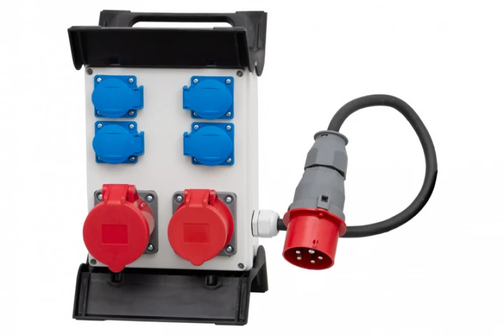 Rozdzielnica R-240 na stelażu plastikowym - gniazda 16A 5p, 32A 5p, 4x230V, przewód OW 5x2,5mm2-1,5m z wtyczką 16A 5p IP44