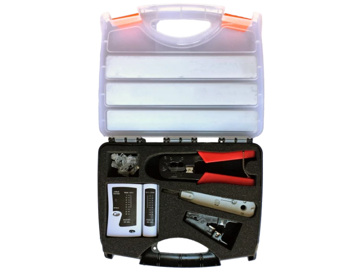 Zestaw narzędzi instalatorskich w walizce (tester, nóż LSA, zaciskarka, stripper, wtyki RJ45) ALANTEC