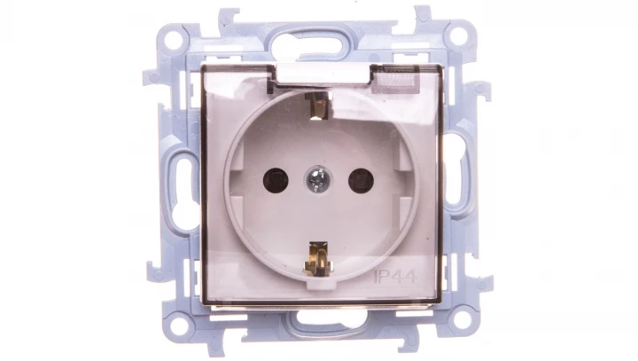 Simon 10 Gniazdo pojedyncze SCHUKO z uszczelką z przesłonami klapką trans. białe 16A 250V IP44 CGSZ1BZ.01/11A