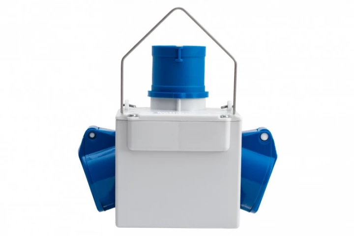 Adapter kempingowy wtyk 16A 3p przemysłowy, gniazdo 2x16A 3P przemysłowe - z uchwytem IP44