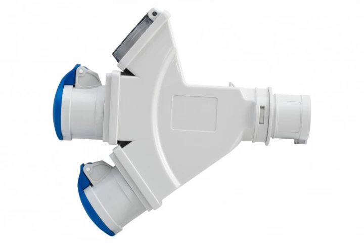 Adapter kempingowy wtyk 16A 3p przemysłowy, gniazdo 2x16A 3P przemysłowe, gniazdo tablicowe 230V IP44