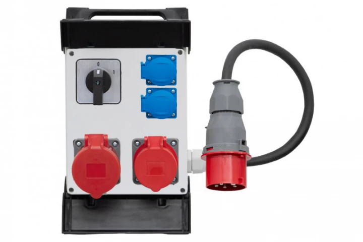 Rozdzielnica R-240 na stelażu plastikowym - gniazda 2x32A 5p, 2x230V, 0/1(32A), przewód OPD 5x4mm2-1,5m z wtyczką 32A 5p IP44