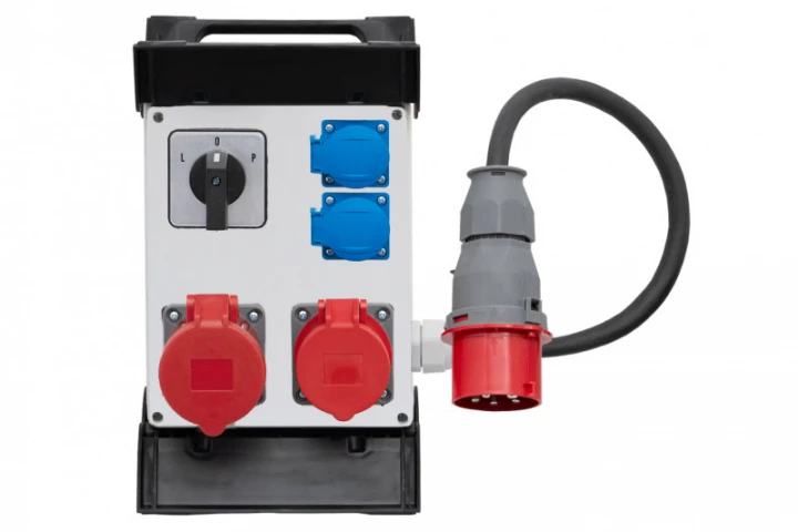 Rozdzielnica R-240 na stelażu plastikowym - gniazda 16A 5p, 32A 5p, 2x230V, L/P(32A), przewód OW 5x2,5mm2-1,5m z wtyczką 16A 5p IP44