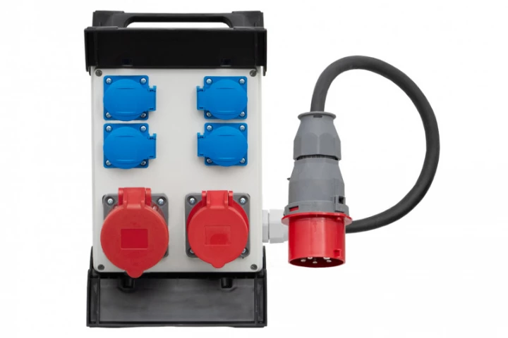 Rozdzielnica R-240 na stelażu plastikowym - gniazda 16A 5p, 32A 5p, 4x230V, przewód OW 5x2,5mm2-1,5m z wtyczką 16A 5p IP44